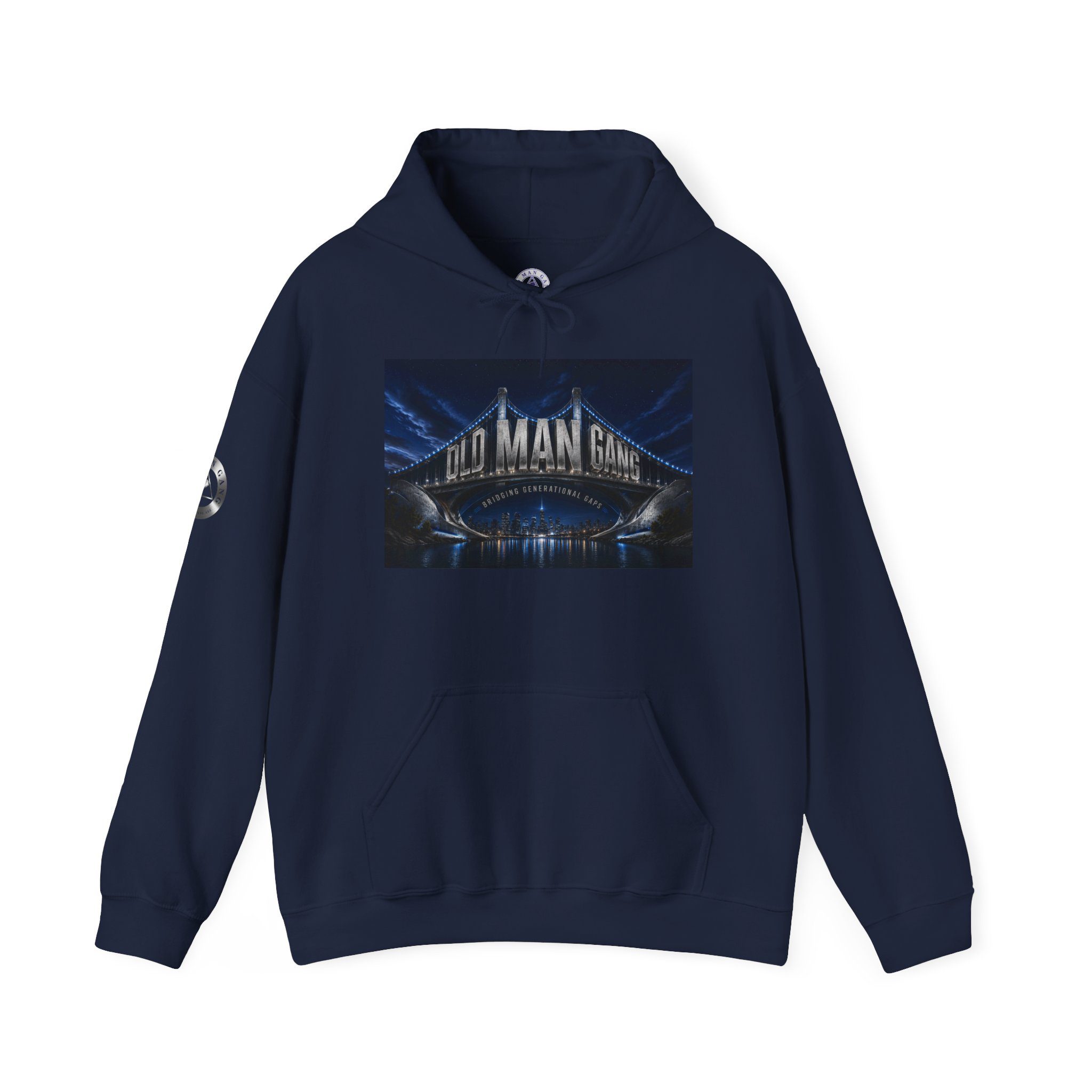 Navy pullover hoodie with nighttime bridge artwork