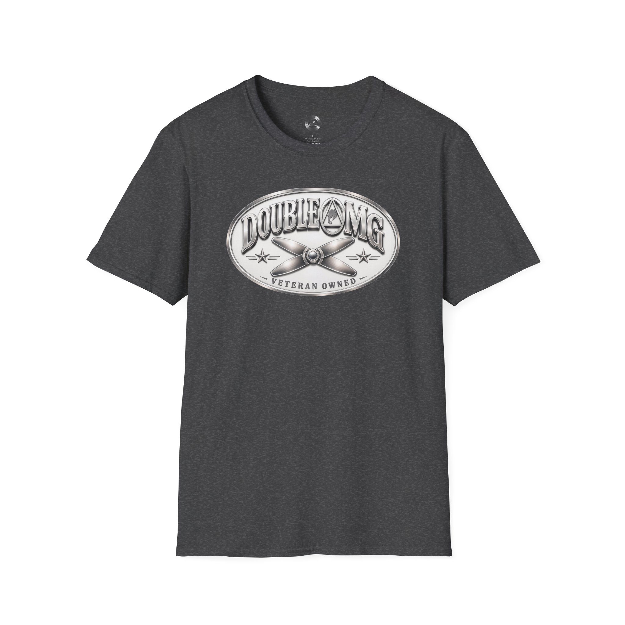 Charcoal tee with metallic veteran-owned crest