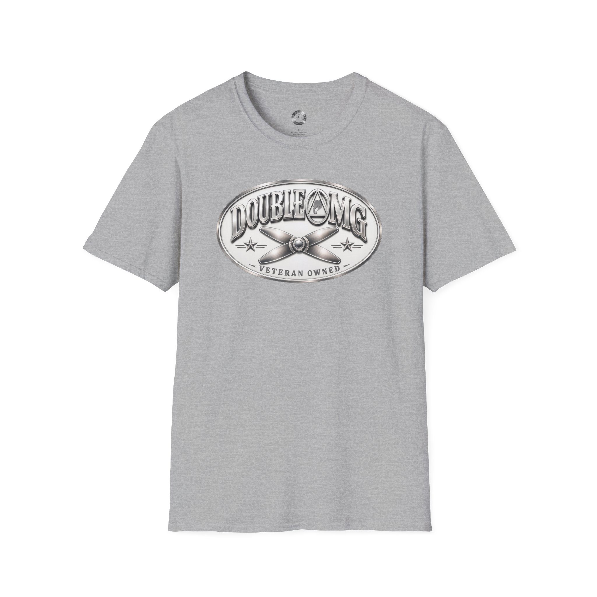 Gray tee with metallic propeller crest