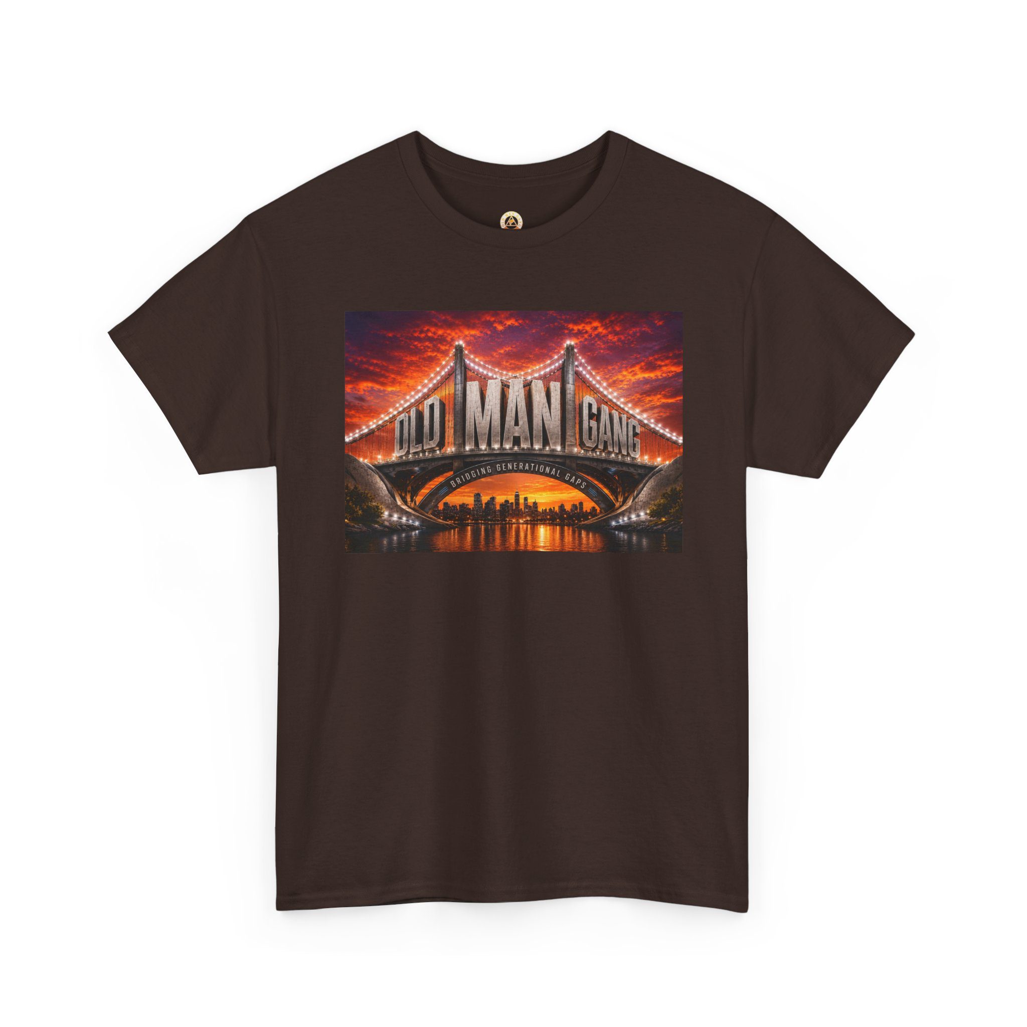 T-shirt displaying "Old Man Gang" lit bridge