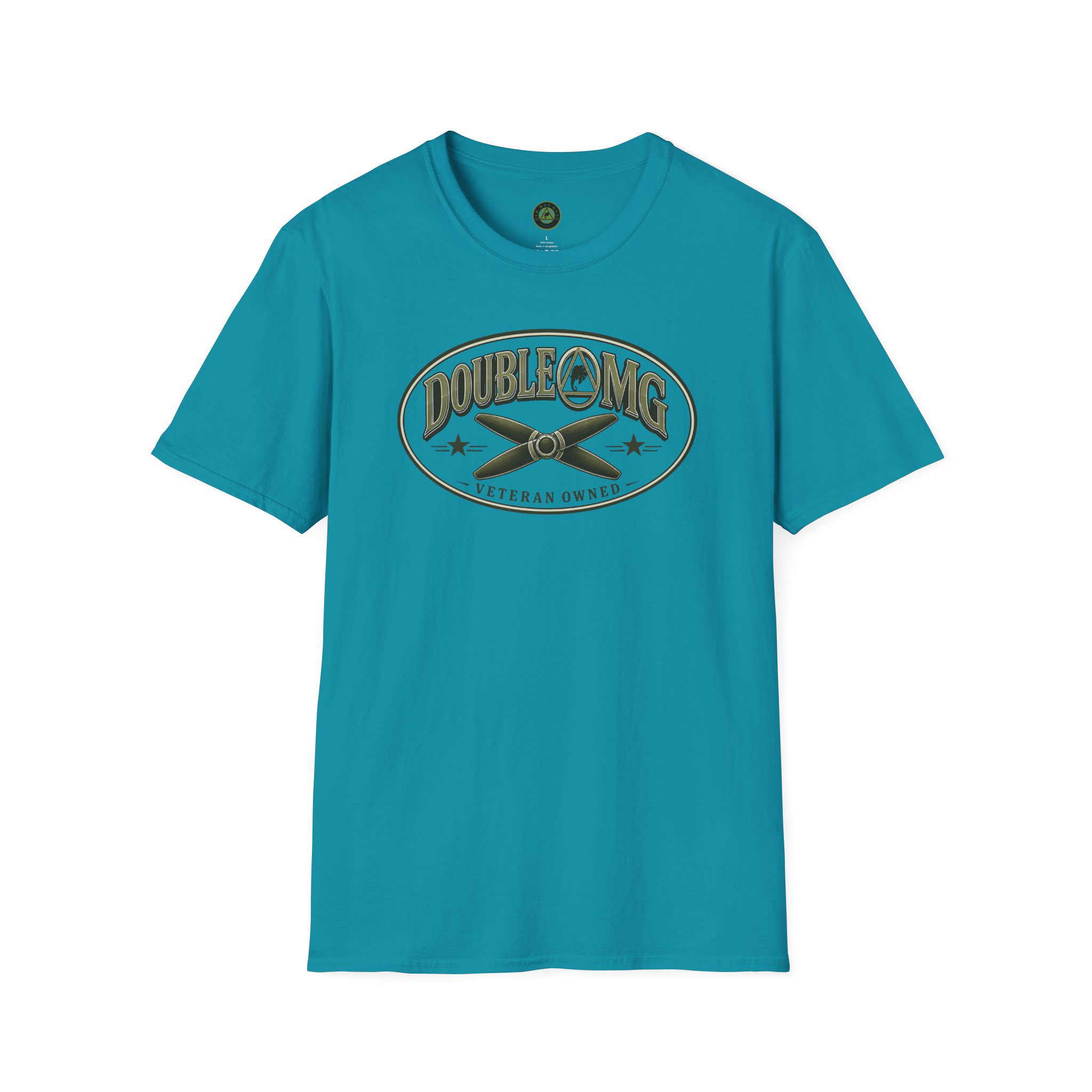 Bright teal T-shirt with centered oval graphic
