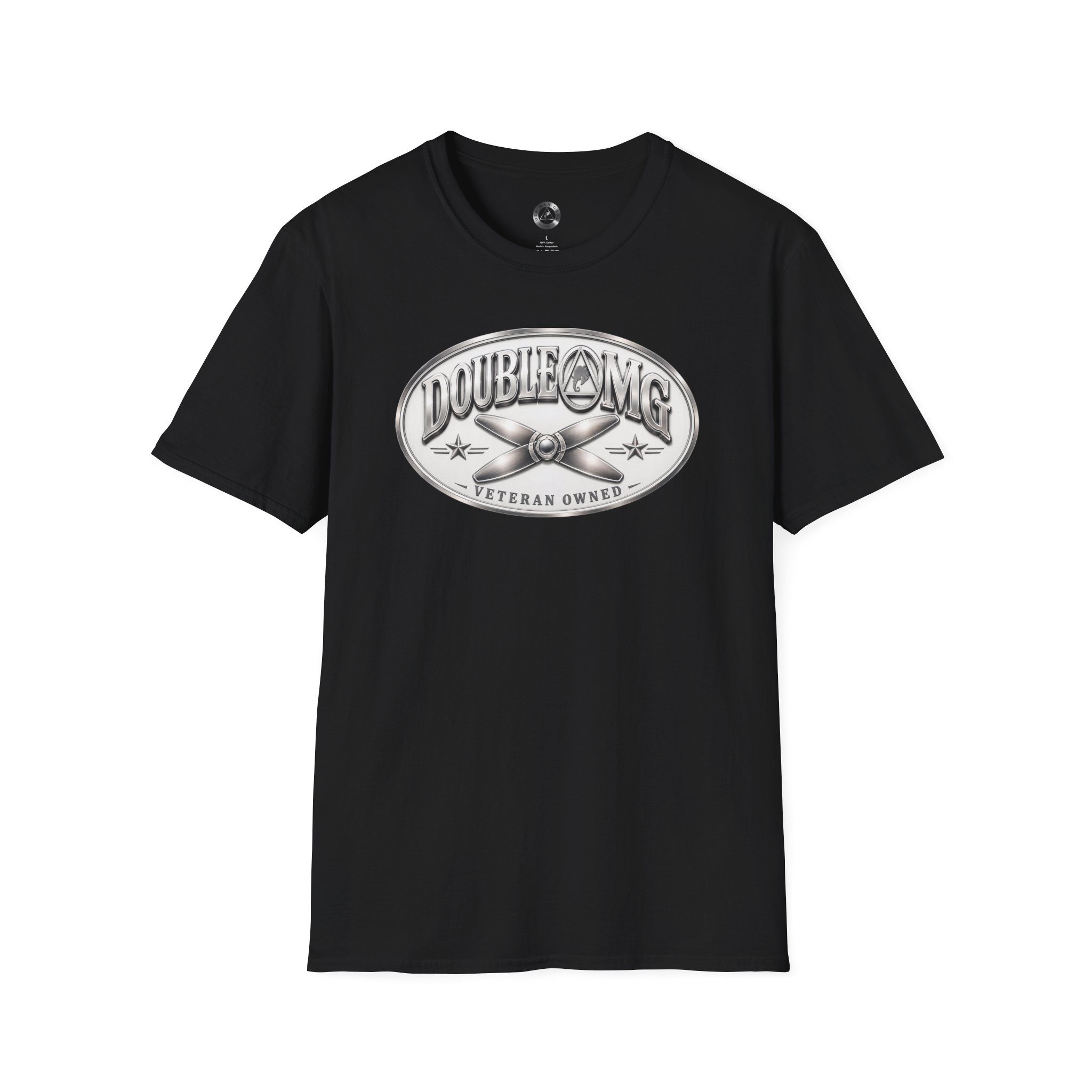 Dark shirt with circular metallic aviation badge