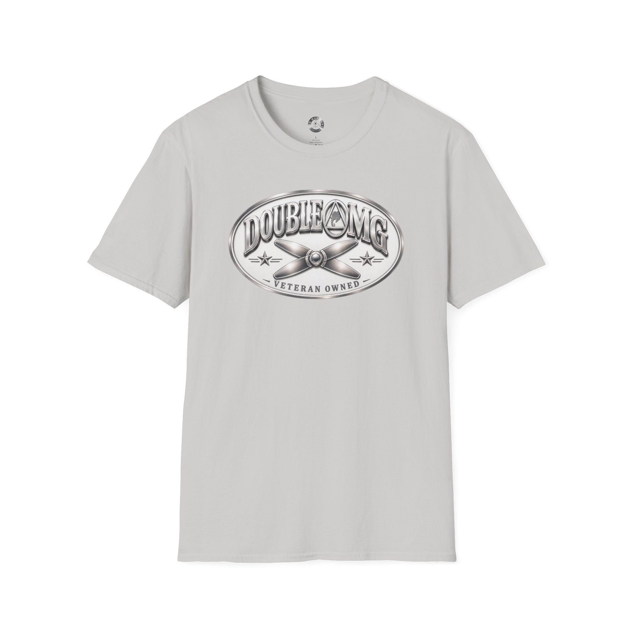 Light gray tee with metallic propeller emblem