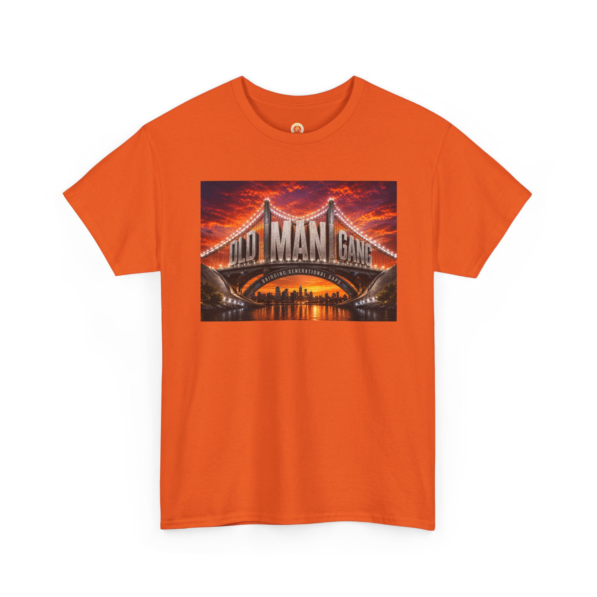 Orange tee with illuminated bridge graphic