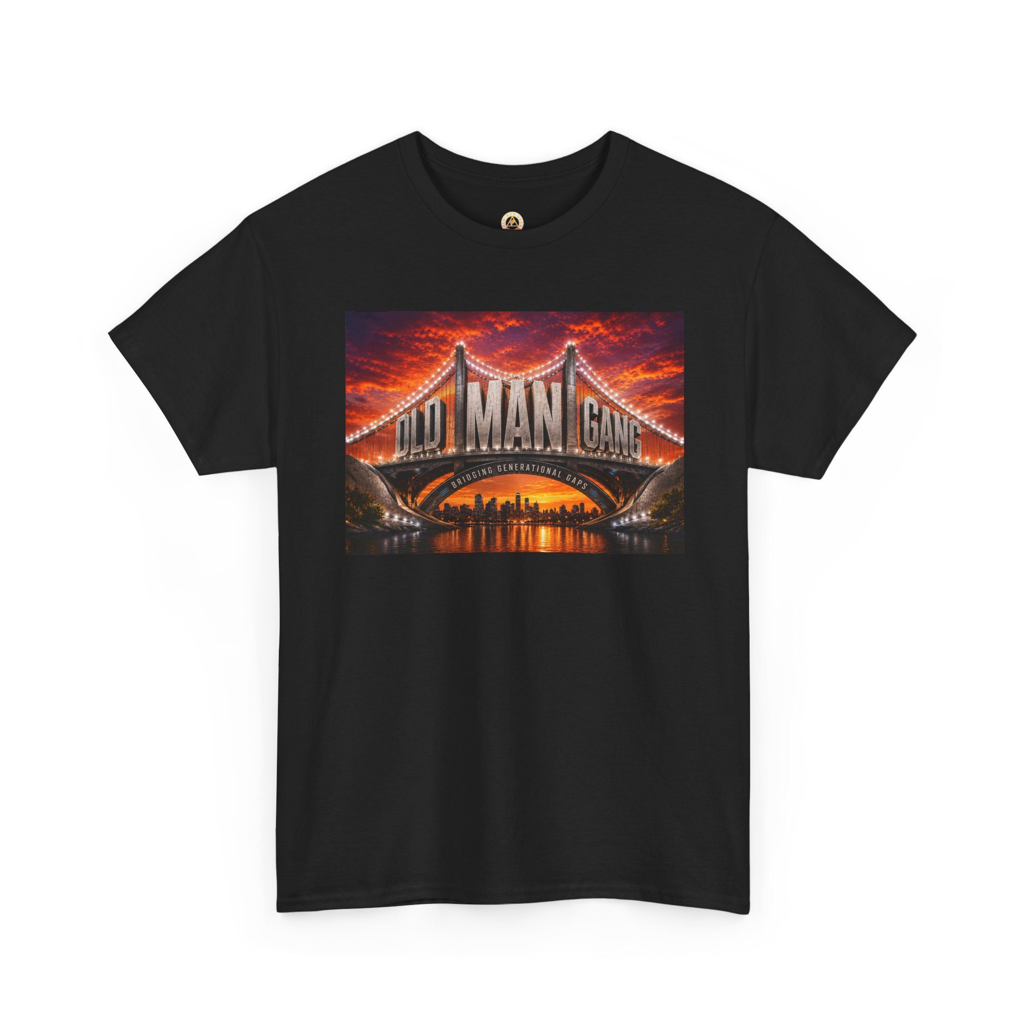 Dark tee with illuminated bridge and skyline