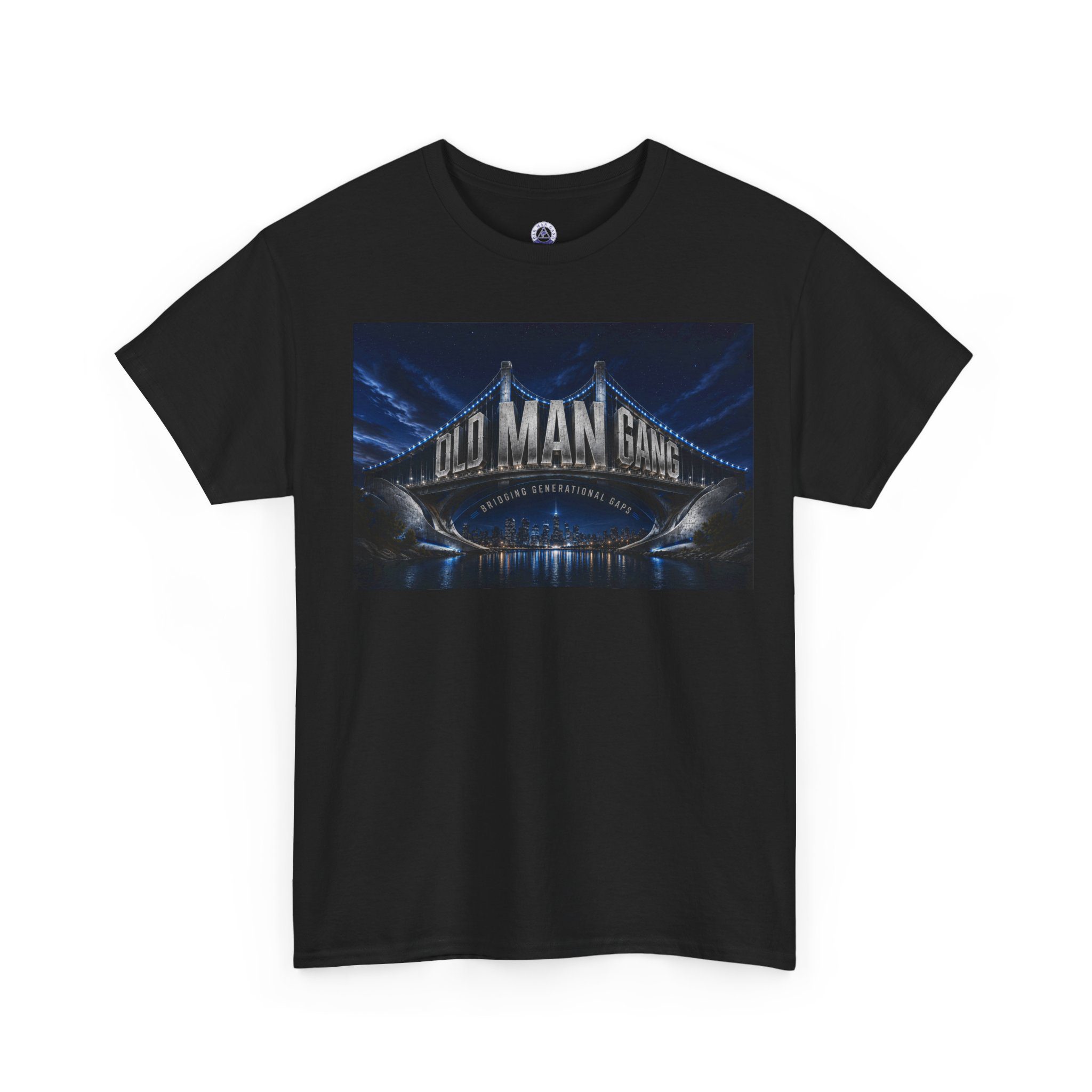Black tee showcasing nocturnal bridge and skyline