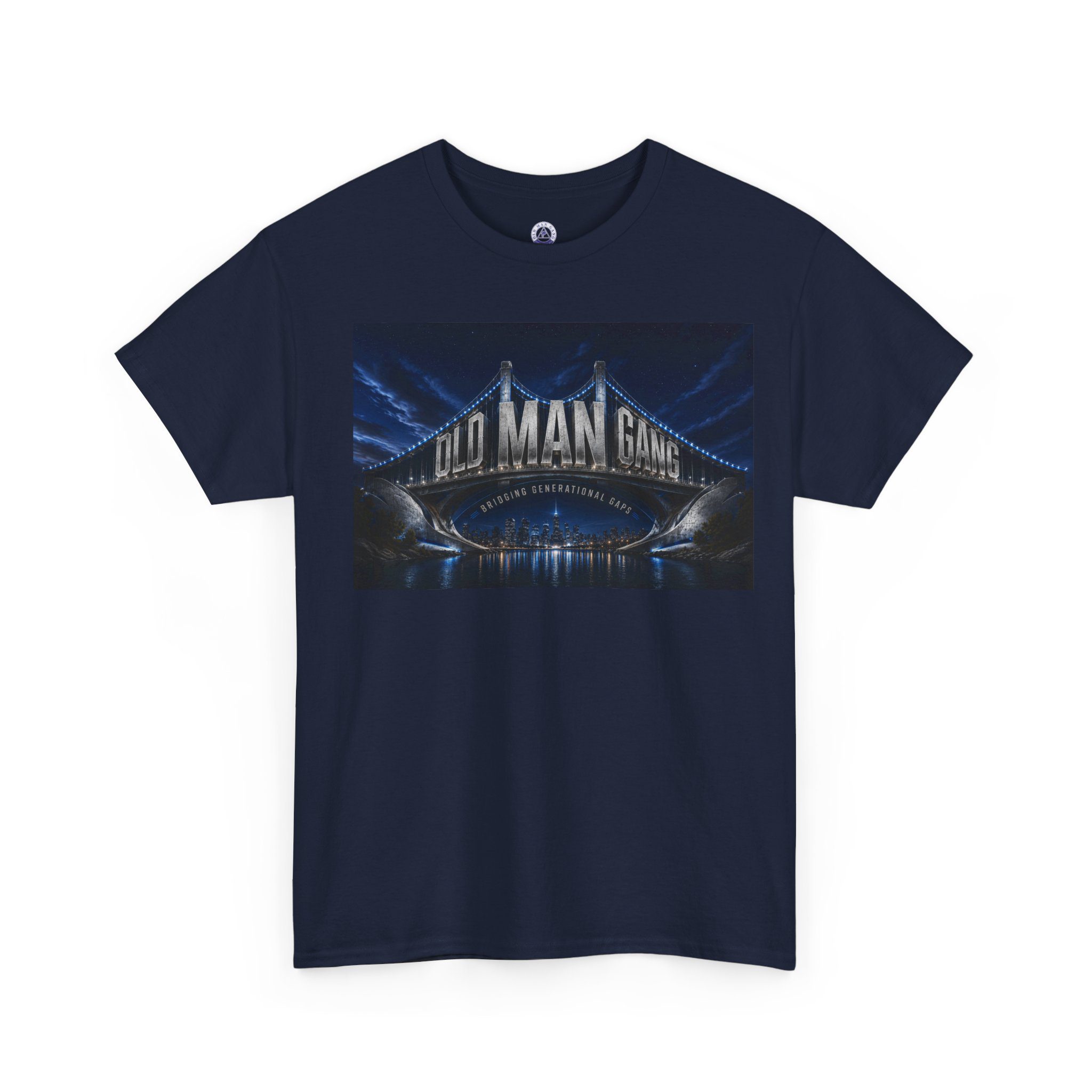 Navy tee with illuminated city bridge graphic