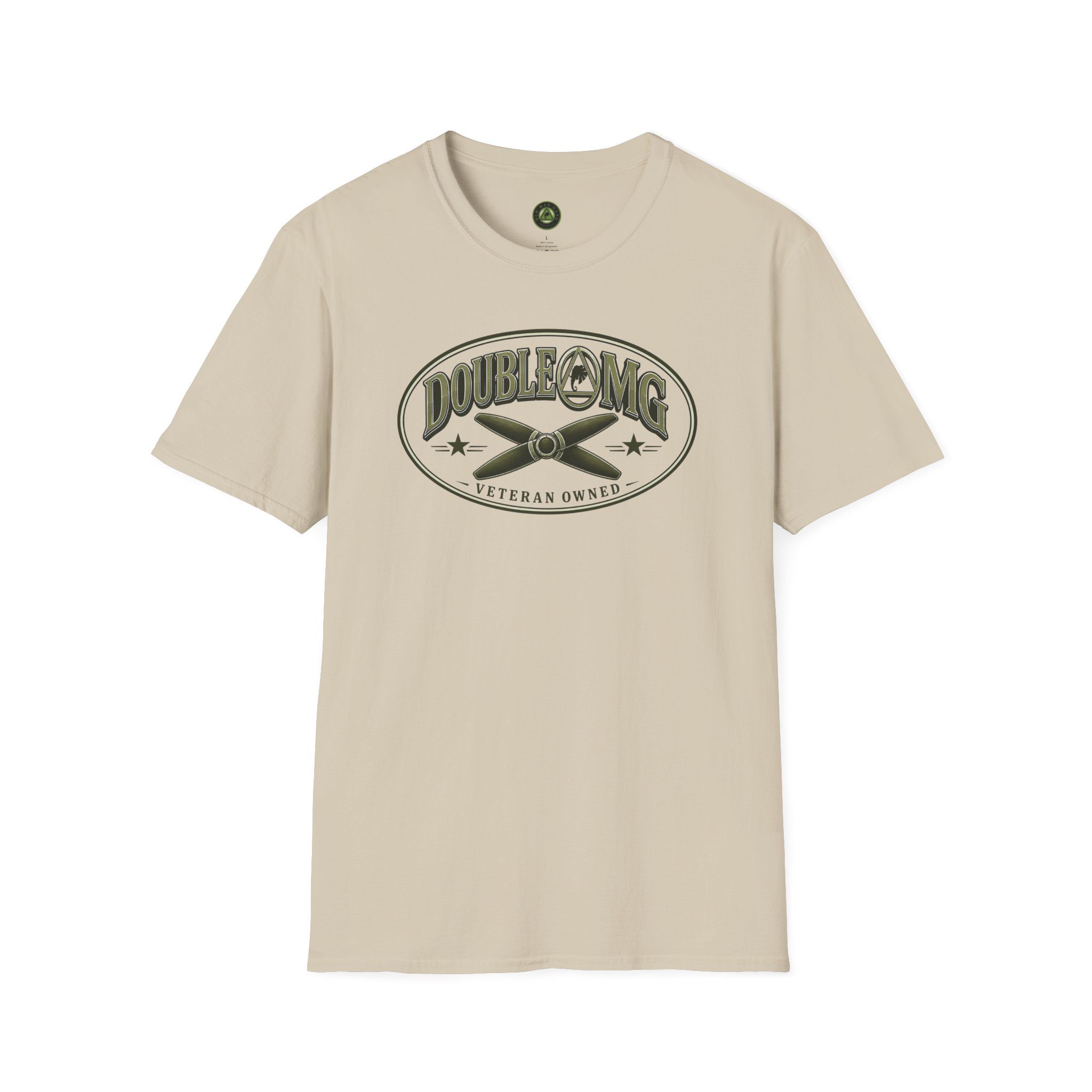 Cream t-shirt showing vintage chest emblem