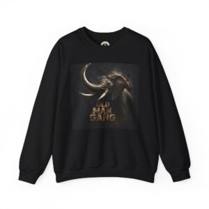 Black pullover with tusked pachyderm and text